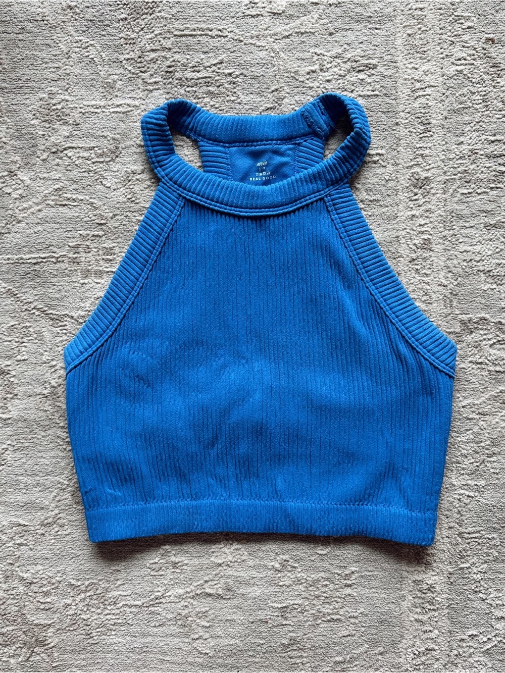 Aerie High Neck Blue Ribbed Halter Crop Tank Bralette Sports Bra Superchill sz S